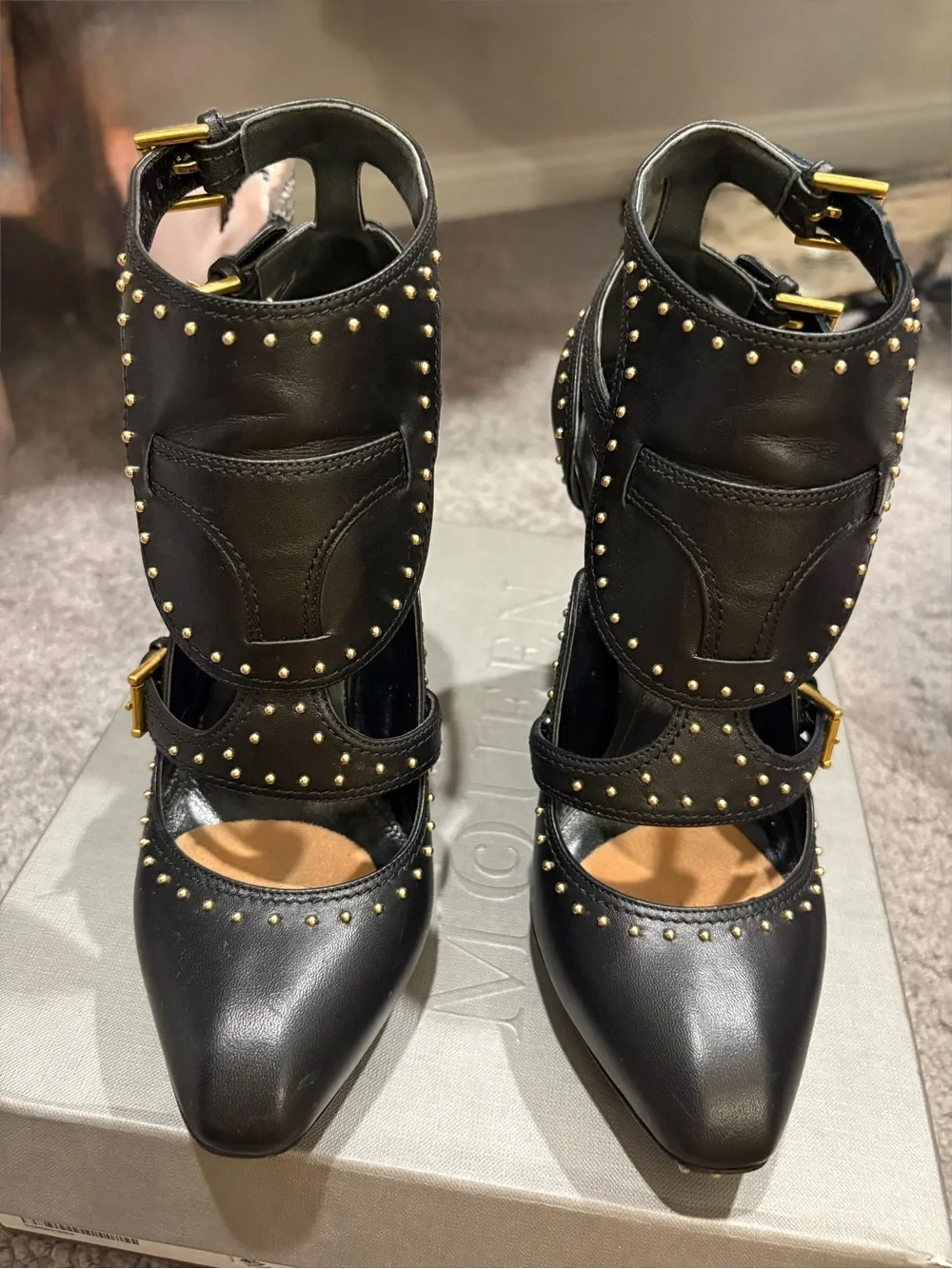 ALEXANDER McQUEEN Black Gold Studded Buckle Scarpa Pelle Cuoio Size 8 1/2